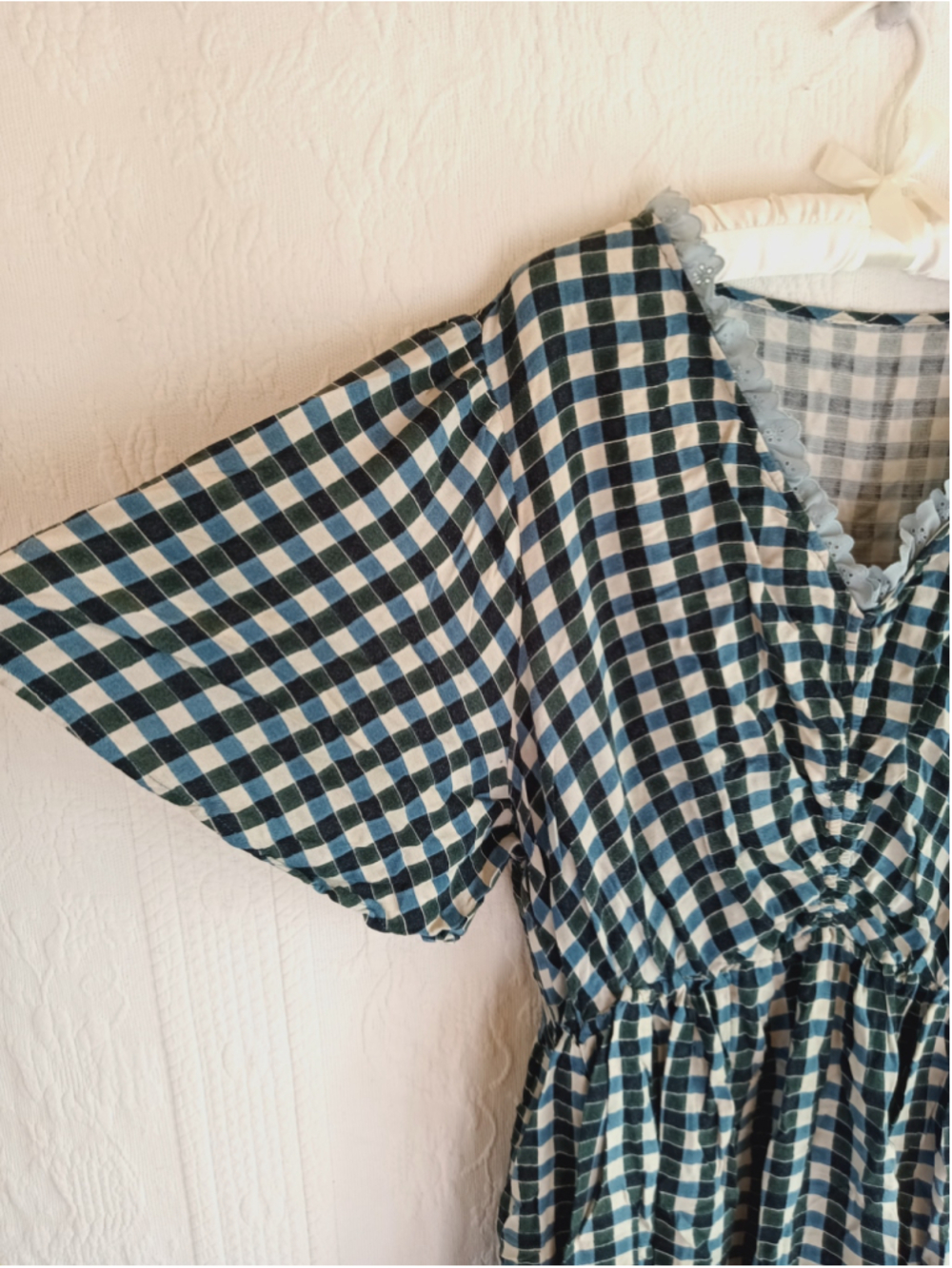 Gingham Check Dress Blue Green plaid cottagecore prairie Western ruffled tiered - Picture 6 of 12